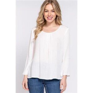 3/4 Roll-Up Sleeves/ Round Neck/ Pleated Detail Woven Blouse Tops For Women